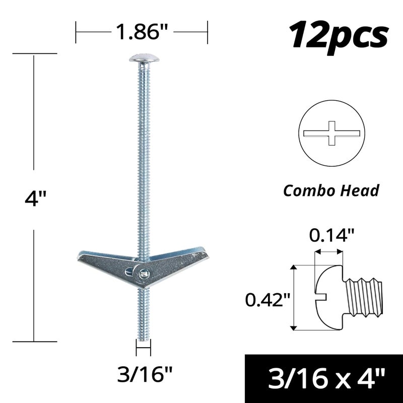 HASWARE Toggle Bolt Zinc Plated Steel and Wing Nut for Hanging Heavy Items on Drywall 3/16x4 (12 Pack) - Image 2